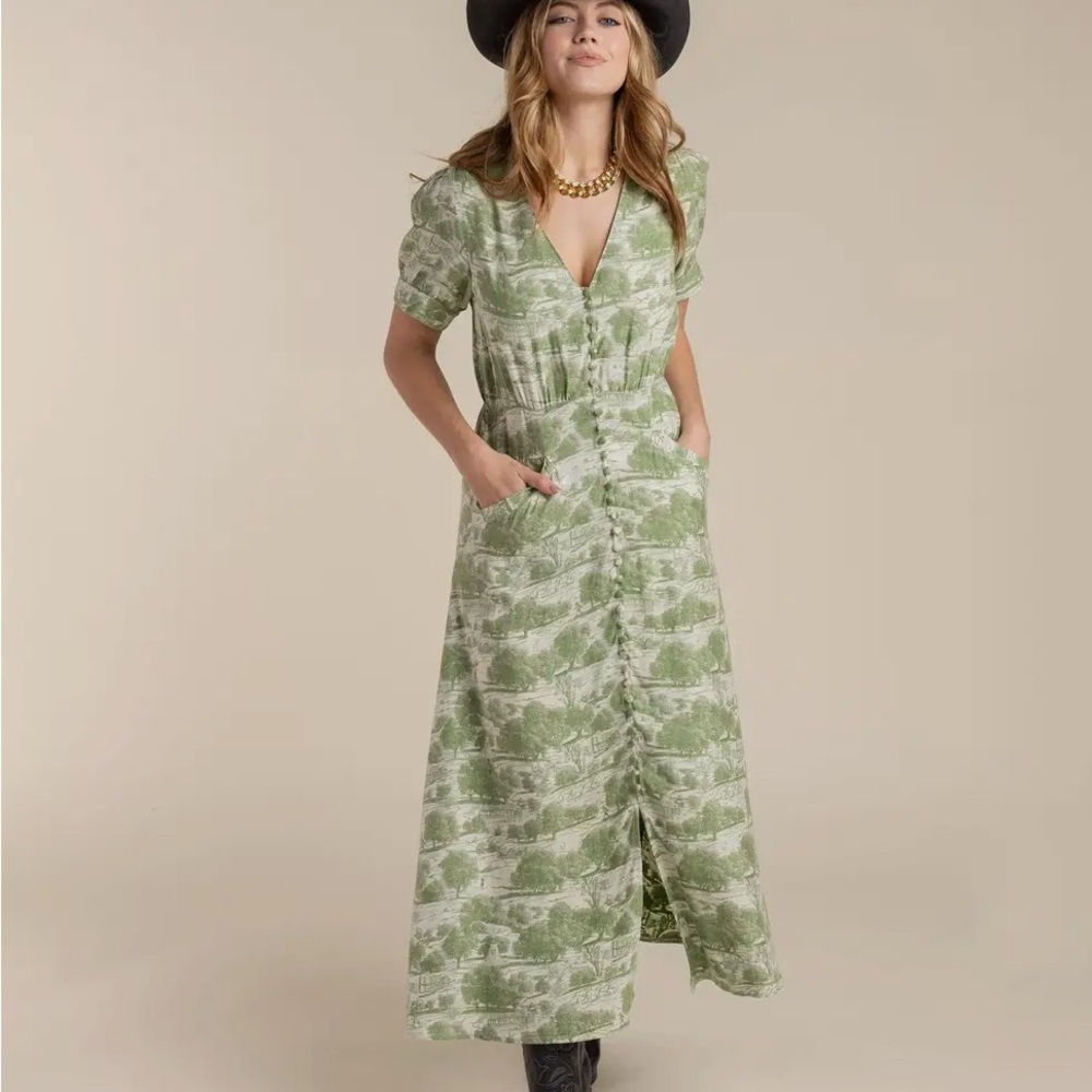 Green Printed Maxi Dress with Button Front
